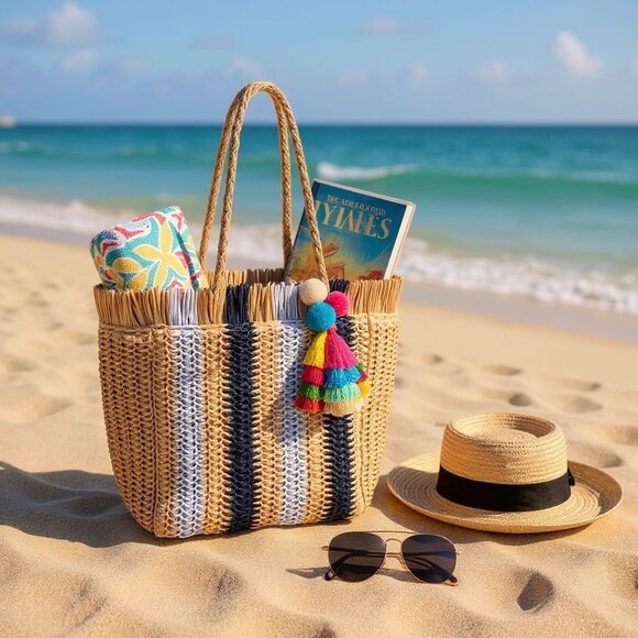 Boho Chic Beach Vibes Straw Woven Tote Bag with Vibrant Colorful Tassel Detail - Picture 10 of 10